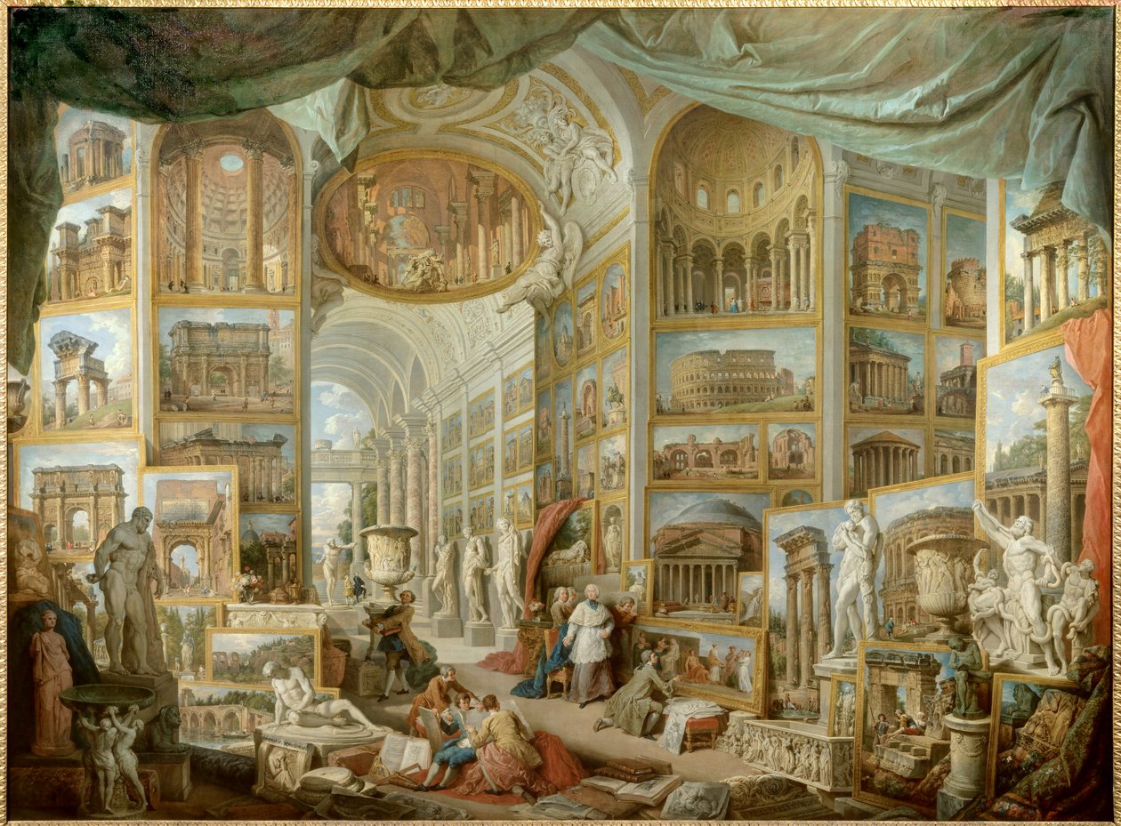 Galerie sběratele. Galerie pohledů na starověký Řím. obraz Giovanni Paolo Pannini (Panini) (1691-1765) od Giovanni Paolo Pannini