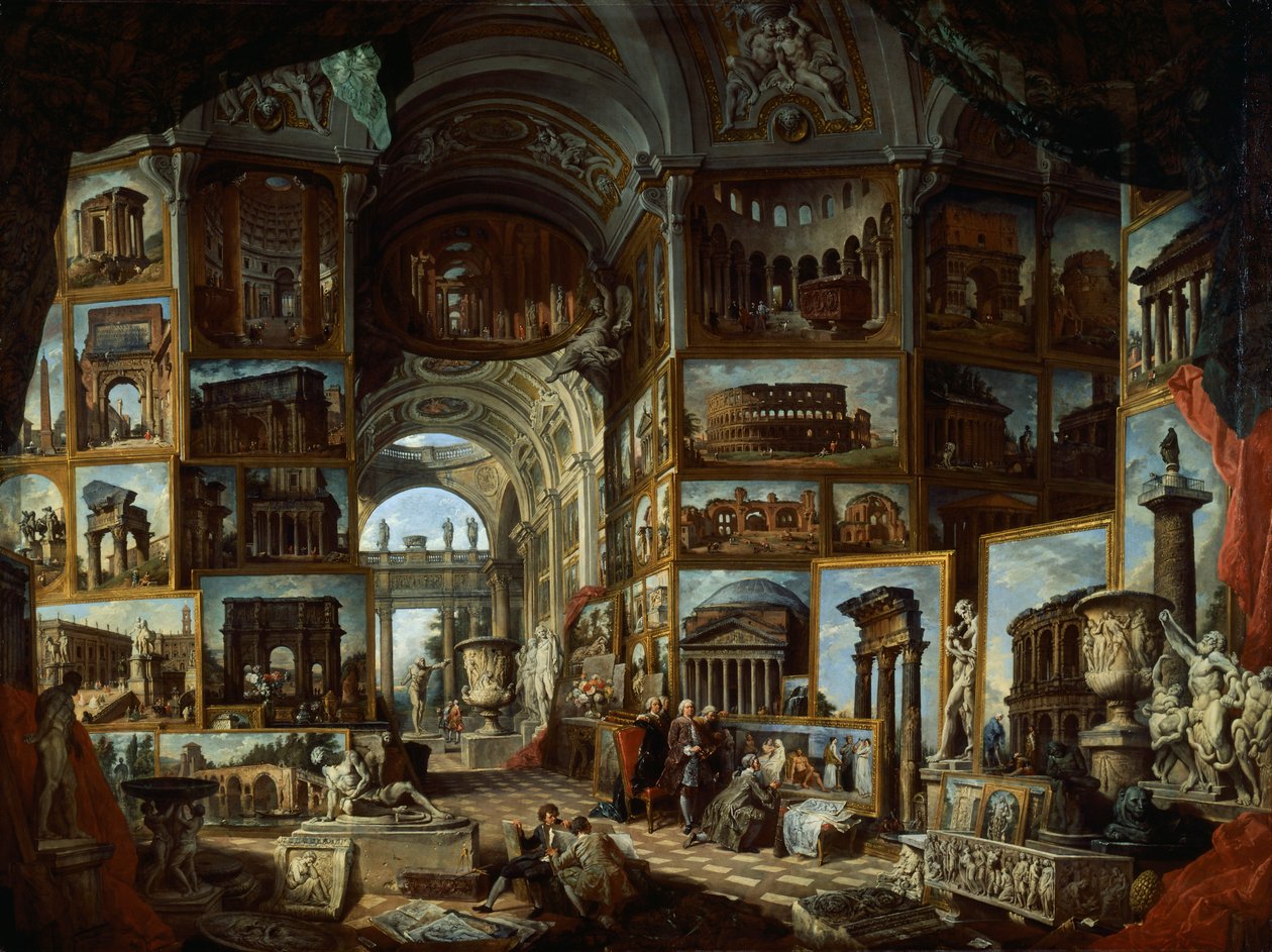 Imaginární galerie pohledů na starověký Řím, cca 1756, od Giovanniho Paola Panniniho (1691-1765), olej na plátně od Giovanni Paolo Pannini