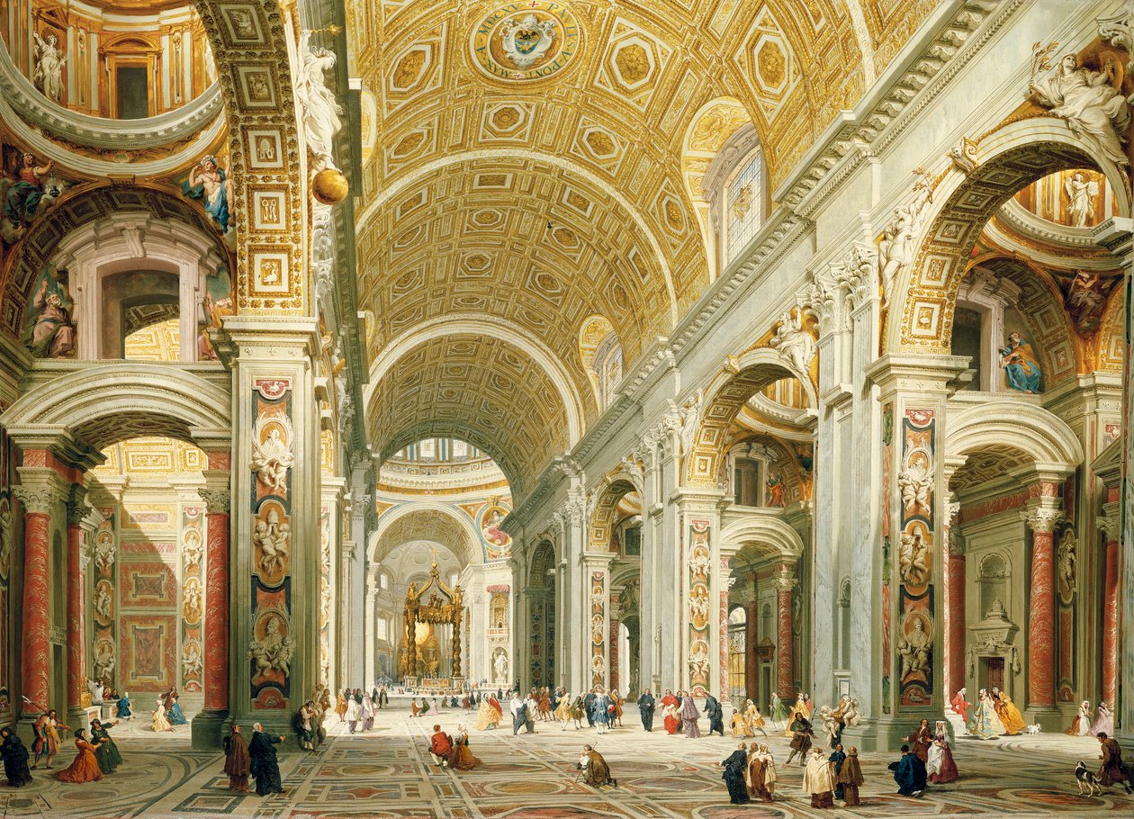 Interiér Říma svatého Petra, při pohledu na západ směrem k hrobce svatého Petra od Giovanni Paolo Pannini