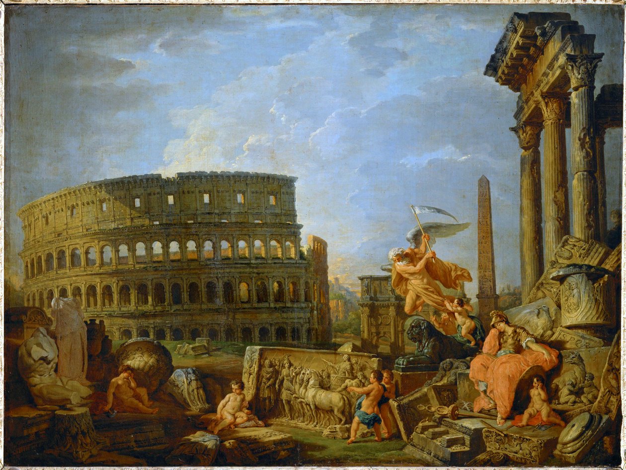 Koloseum a Konstantinův oblouk s alegorií úpadku Římské říše... (malba na plátně) od Giovanni Paolo Pannini or Panini