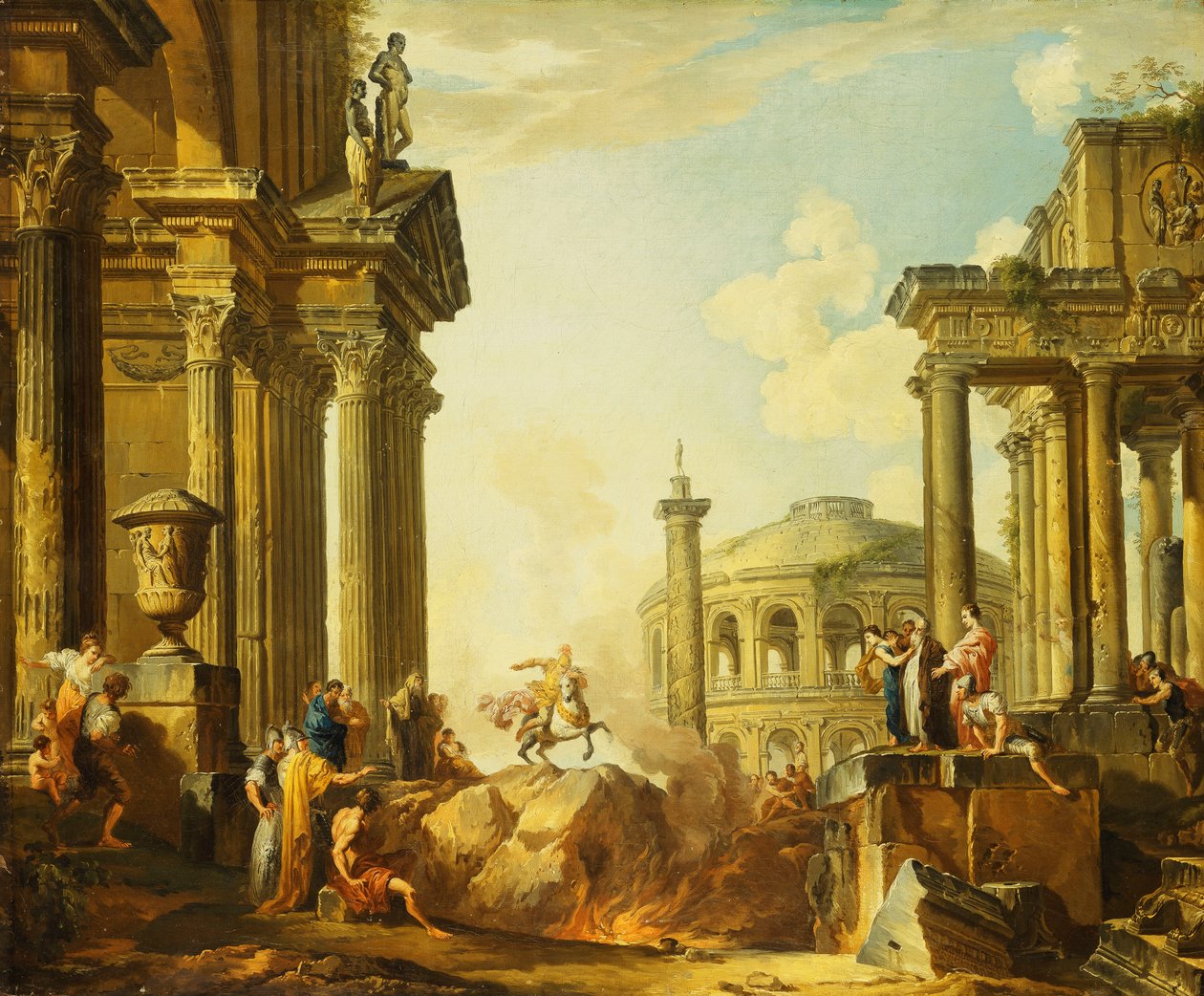 Marcus Curtius skočí do propasti, Capriccia s Trajánovým sloupem a dalšími klasickými budovami za ním, od Giovanni Paolo Pannini