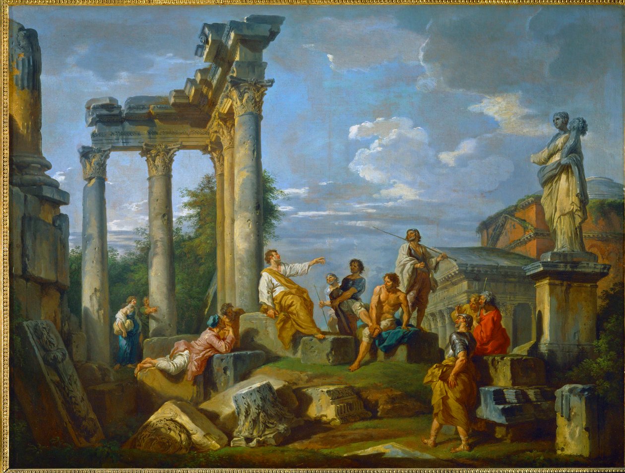 Dravec uprostřed zřícenin v Římě obohacených postavami, s Pantheonem a sochou Flory... (malba na plátně) od Giovanni Paolo Pannini or Panini