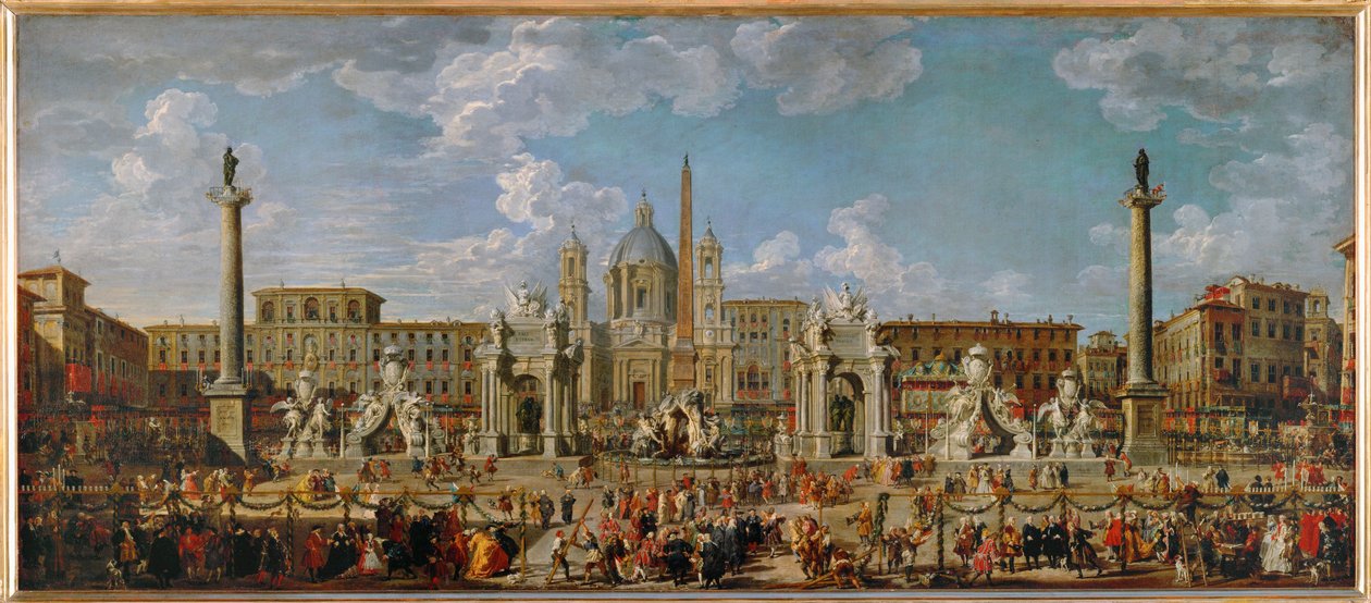 Přípravy na ohňostroj a výzdobu pro slavnostní ceremoniál na náměstí Piazza Navona v Římě 30. listopadu ... od Giovanni Paolo Pannini or Panini