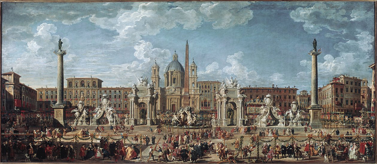 Přípravy na ohňostroj a výzdoba svátku v Římě na oslavu narození delfína Louise de France (olej na plátně od Giovanni Paolo Pannini
