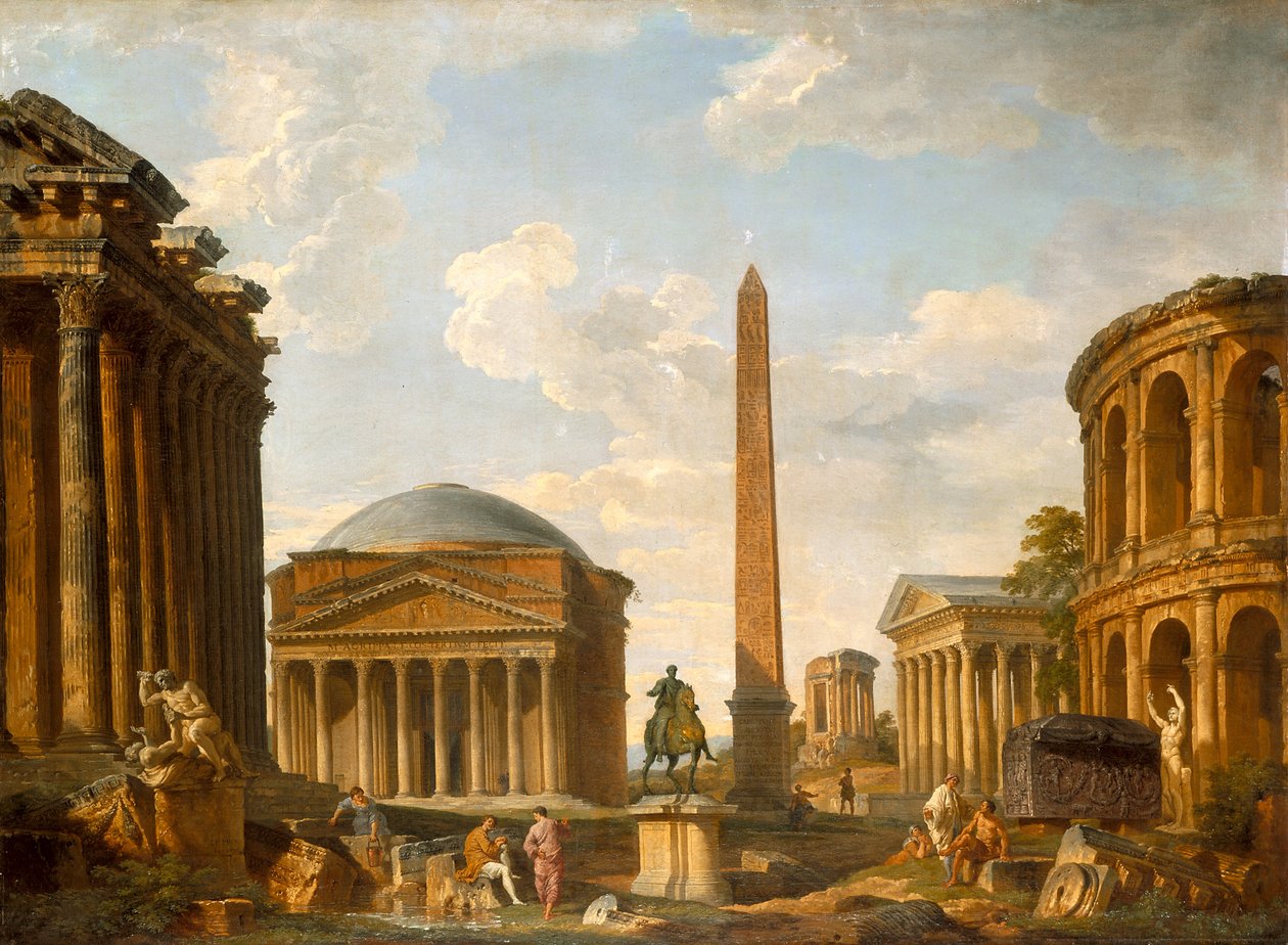 Roman Capriccio: Pantheon a další památky (olej na plátně) od Giovanni Paolo Pannini
