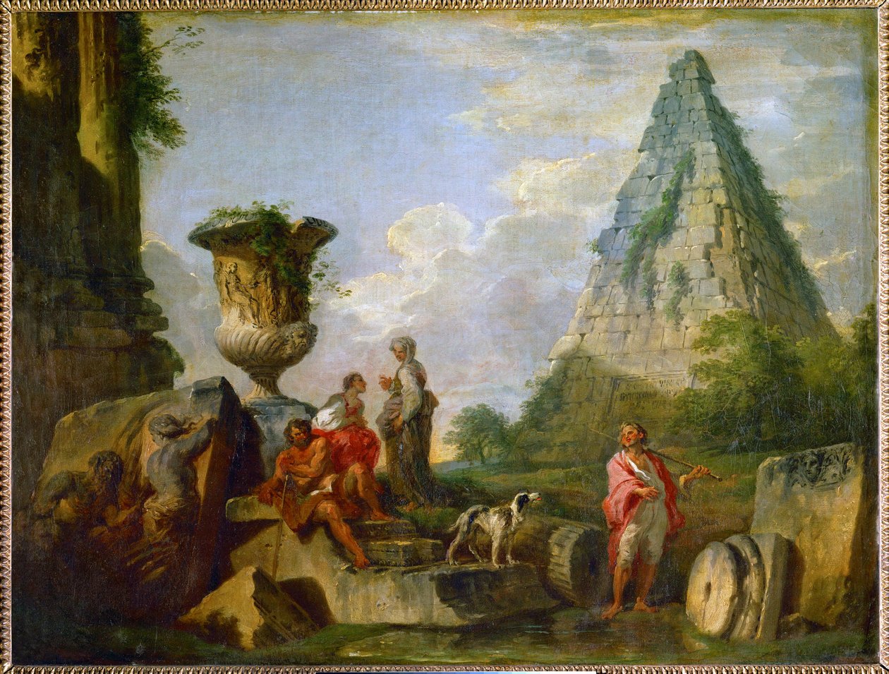 Starověké ruiny s pyramidou Gaia Cestia ... od Giovanni Paolo Pannini or Panini