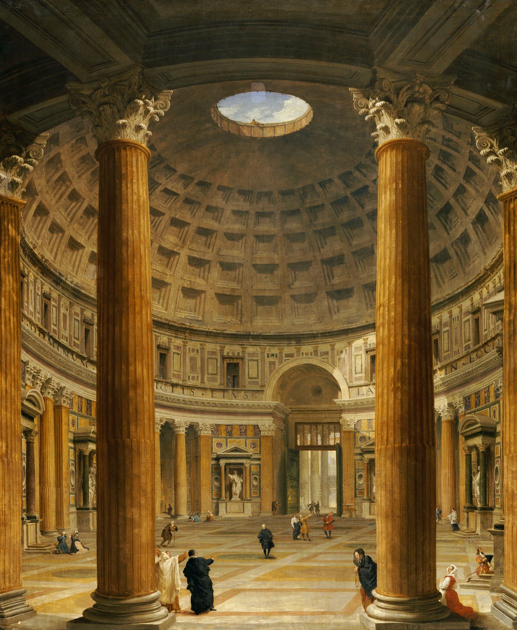 Interiér Pantheonu, Řím, při pohledu na sever od hlavního oltáře ke vchodu, 1732 od Giovanni Paolo Pannini