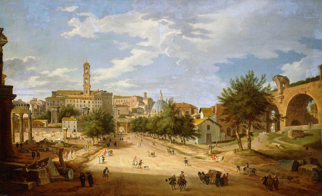 Forum Romanum a Campidoglio při pohledu z Konstantinova oblouku, 1751 od Giovanni Paolo Pannini