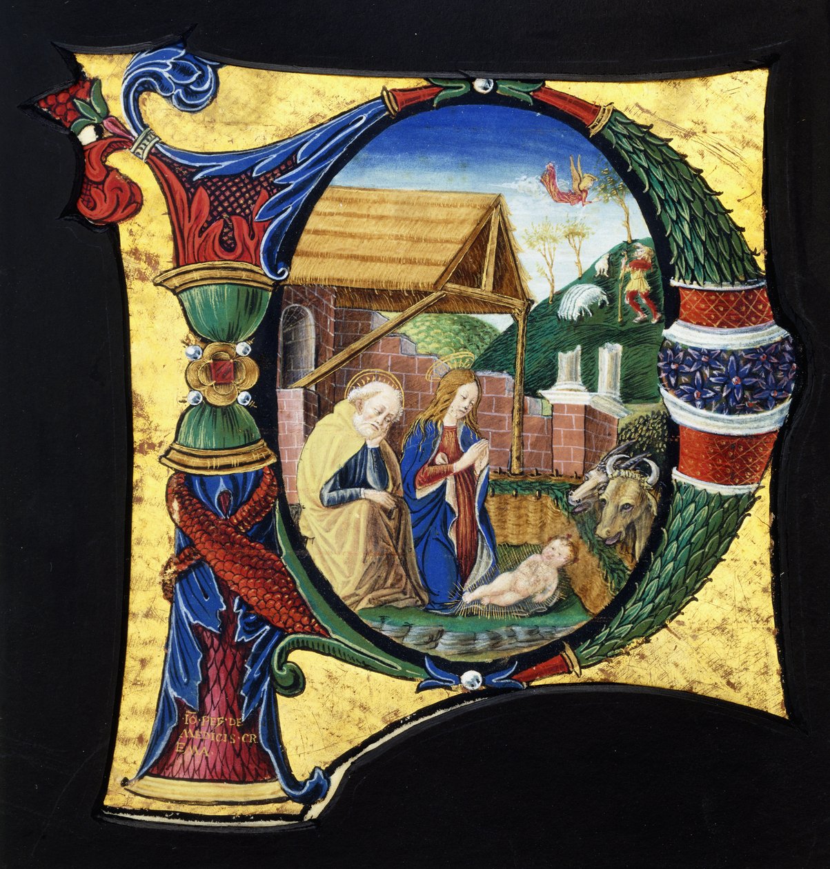 Velká historická iniciála „P“, zobrazující Betlém, kolem roku 1490 od Giovanni Pietro Medici Da Crema
