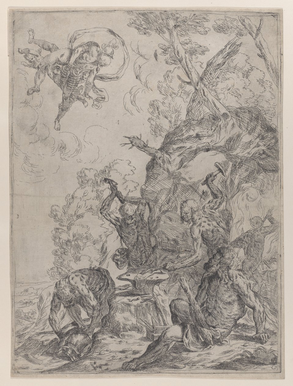 Vulkánská kovárna s kováři bijícími kladivy do kovadliny..., 1640-59. od Giovanni Pietro Possenti
