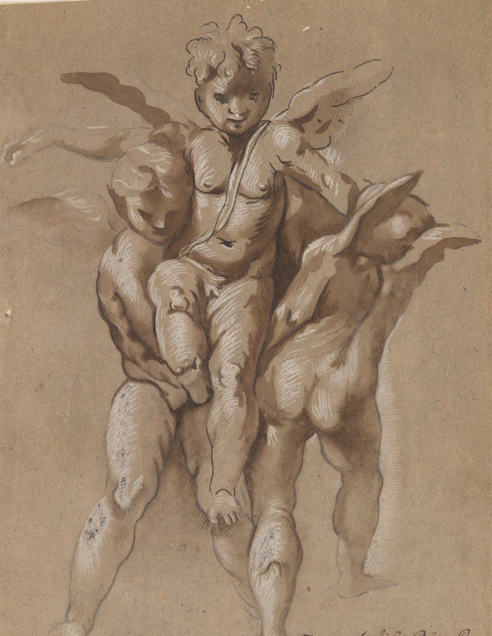 Dva Putti nesoucí třetí Putti (recto); Mládež s holí (verze) od Giovanni Pietro Possenti
