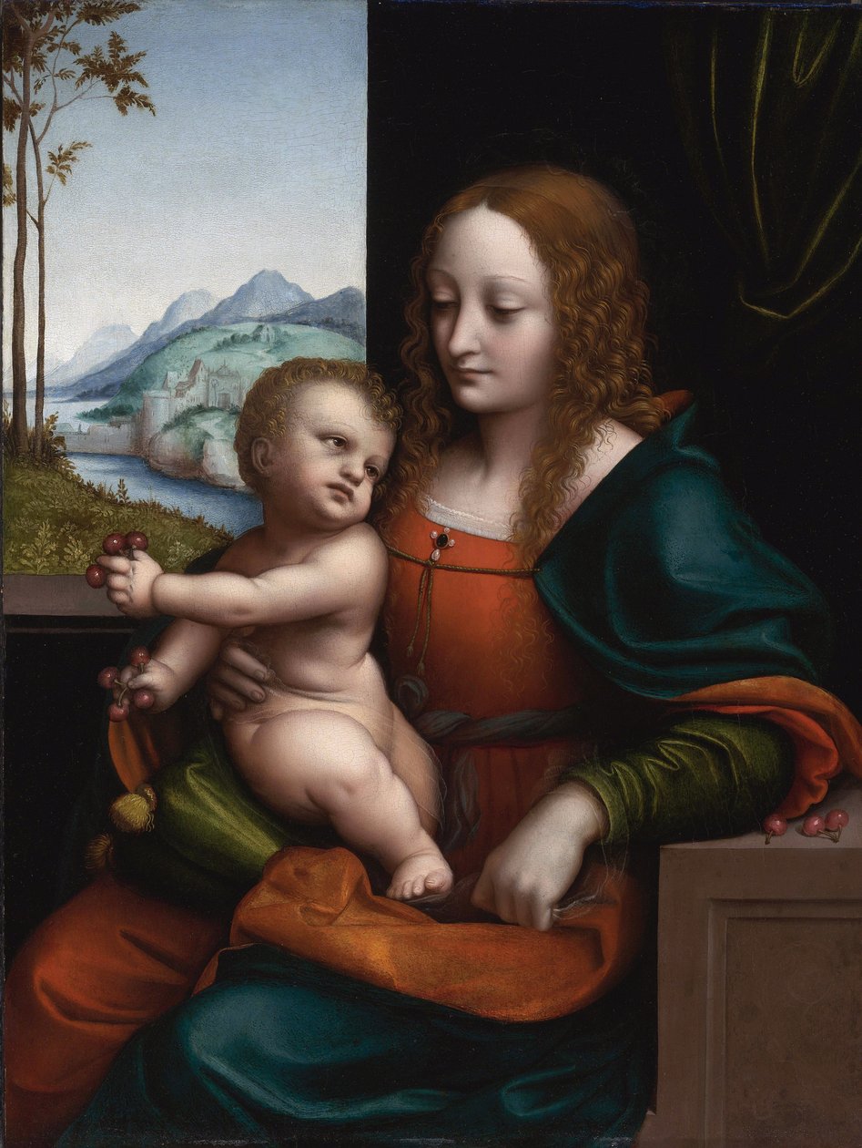 Obraz "Madonna s třešněmi" od Giovana Pietra Rizzoliho (Ricci nebo Rizzi) známý jako Giampietrino (aktivní mezi 1508 a 1549) Soukromá sbírka od Giovanni Pietro Rizzoli Giampietrino