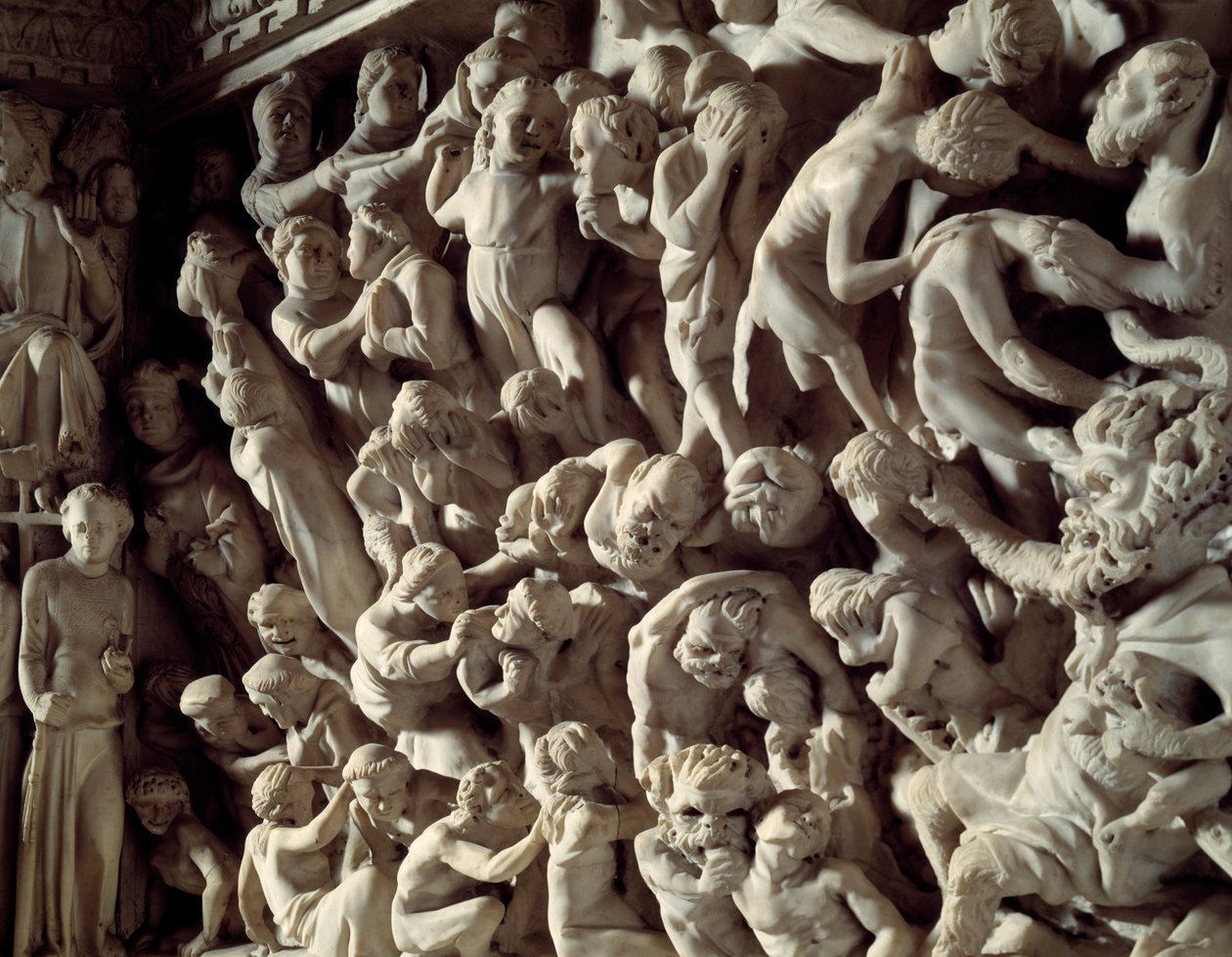 Detail reliéfů Židle realizovaný Giovanni Pisano (1248-1314): the damns (Detail reliéfů mramorové kazatelny) 1302-1311 Cathedrale de Pisa (Duomo di Pisa), Itálie od Giovanni Pisano