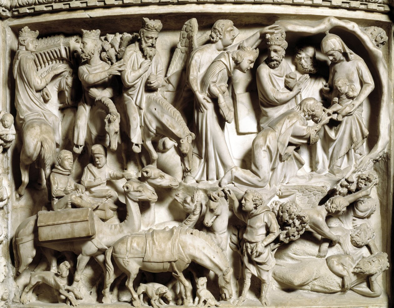 Detail reliéfů Židle realizovaný Giovanni Pisano (1248-1314): plavba a klanění tří králů (Detail reliéfů mramorové kazatelny, cestování a klanění mágů) 1302-1311 Cathedrale of Pisa (Duomo di Pisa), Itálie od Giovanni Pisano