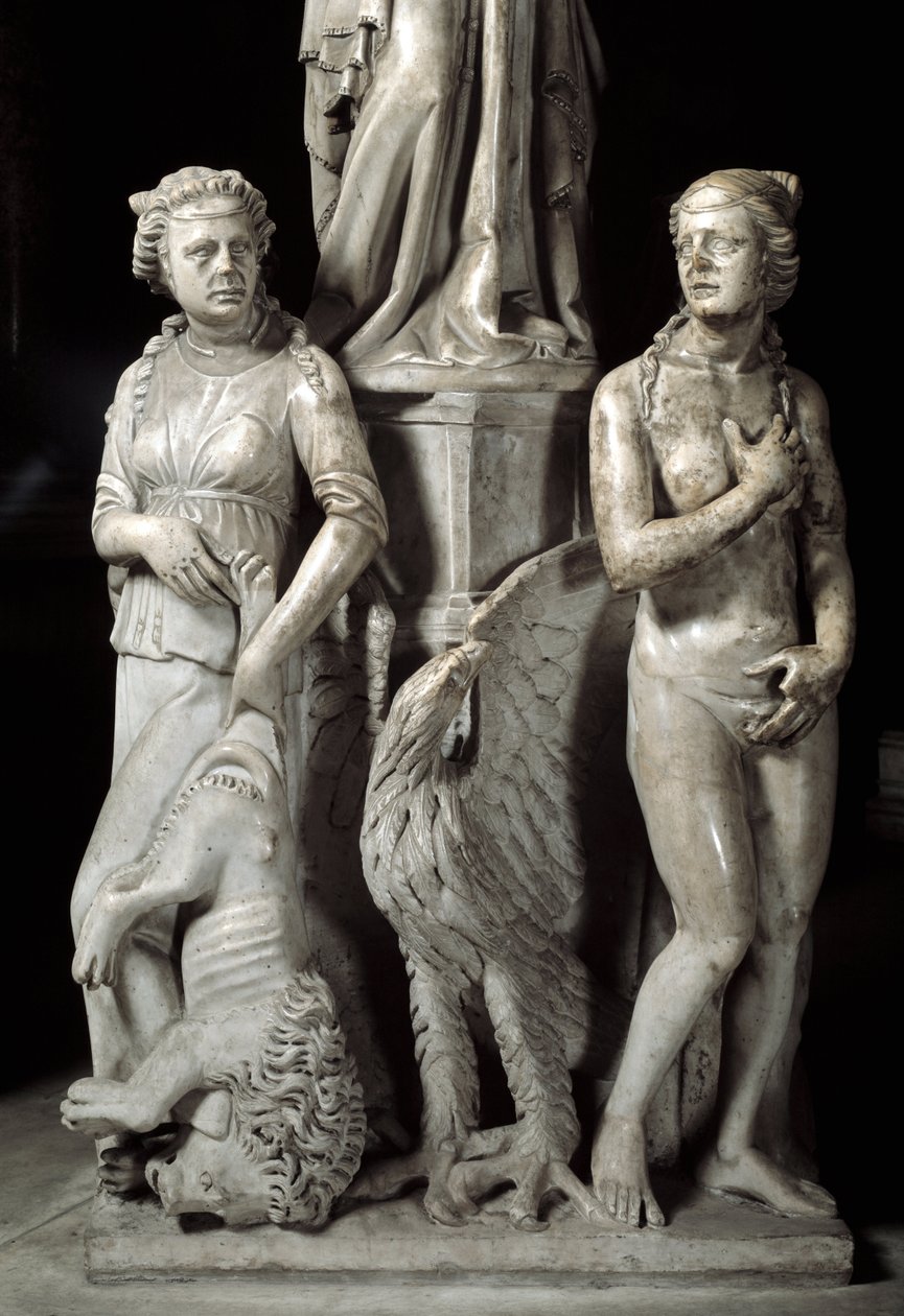 Detail sochařských skupin podpírajících židli realizovaných Giovannim Pisano (1248-1314): dvě kardinální ctnosti (Detail soch podpírajících mramorovou kazatelnu, dvě kardinální ctnosti) 1302-1311 Cathedrale de Pisa (Duomo di Pisa), Itálie od Giovanni Pisano