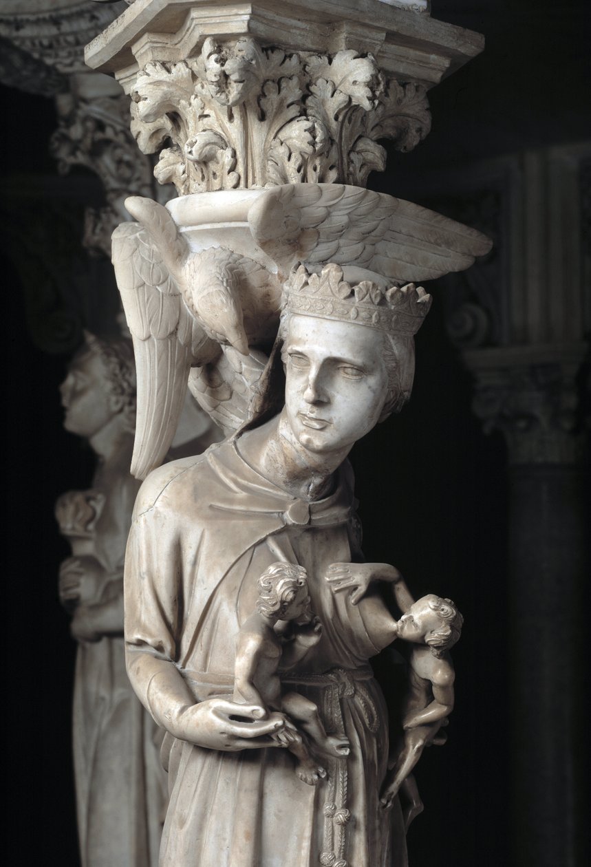 Detail sochařských skupin podpírajících židli realizované Giovanni Pisano (1248-1314): Církev živí své děti (Detail soch podporujících mramorovou kazatelnu, Církev krmí své děti) 1302-1311 Cathedrale de Pisa (Duomo di Pis od Giovanni Pisano