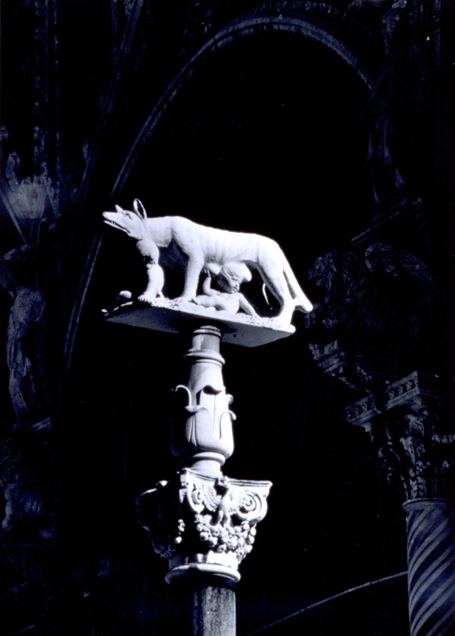 Sienský vlk s dvojčaty Romulem a Remem, fasáda náměstí Piazza del Duomo (mramor) od Giovanni Pisano