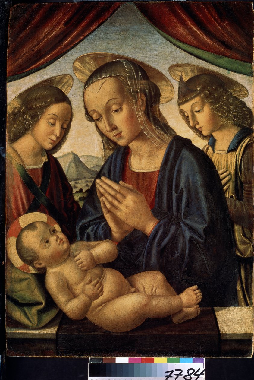 Panna a dítě s anděly (Panna a dítě s anděly). Svatozář Ježíše Krista je označena křížem. Obraz Giovanni di Sante di Pietro nebo Giovanni Santi nebo Sanzio (cca 1435-1494). Tempera na dřevě, 62 x 44 cm od Giovanni Santi or Sanzio