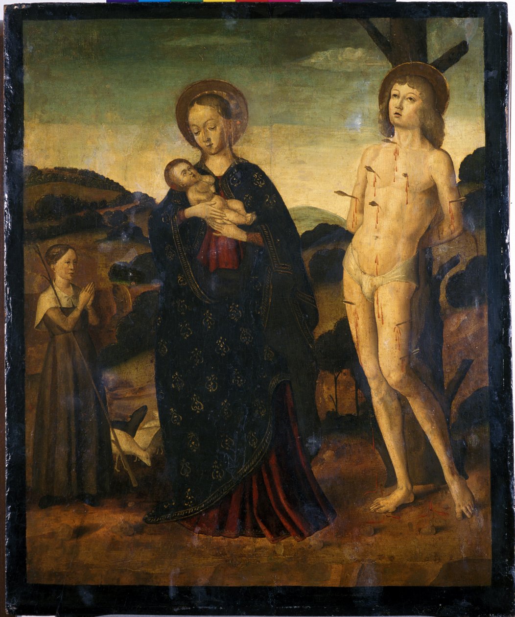 Madona s dítětem se svatým Sebastianem a pastýřkou (tempera na topolovém dřevě) od Giovanni Santi or Sanzio