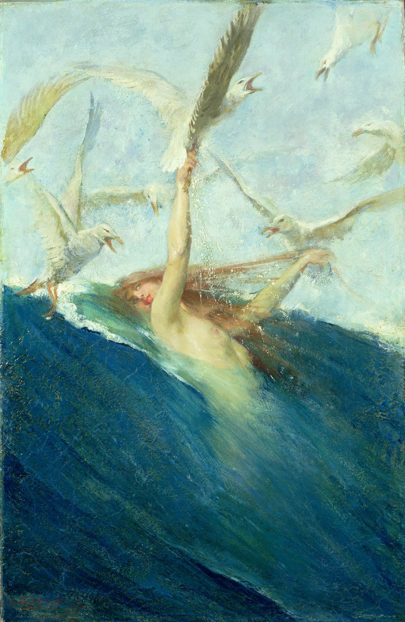 Mořská panna je obtěžována racky od Giovanni Segantini