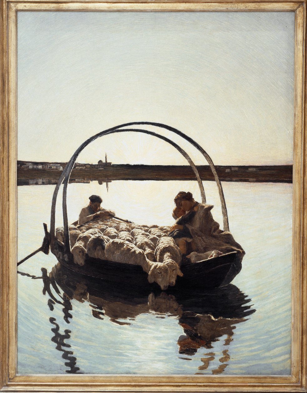 Ave Maria: Matka držící své dítě proti sobě se stádem ovcí na přívozu přes řeku od Giovanni Segantini