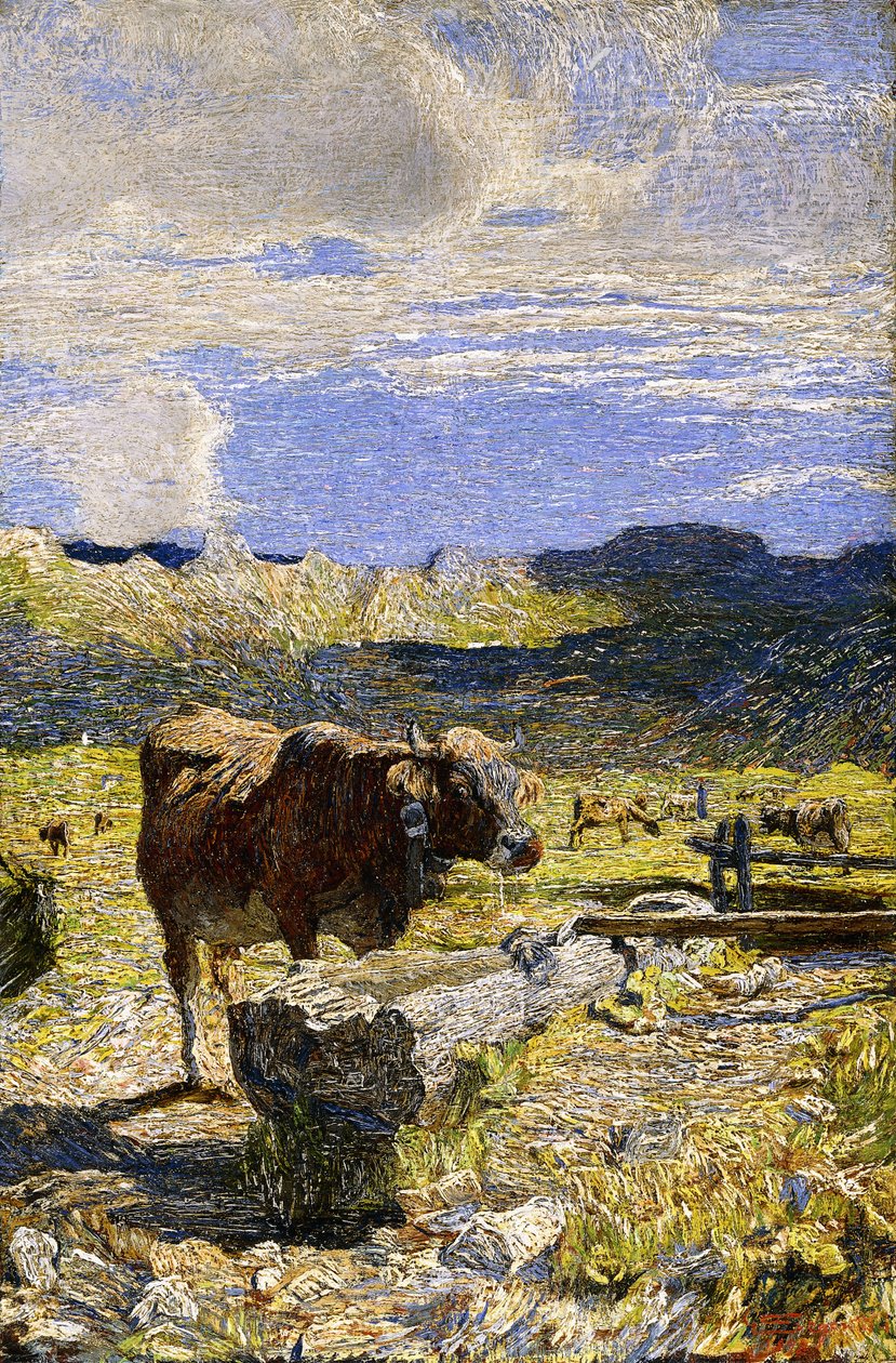 Hnědá kráva pijící ze koryta, 1892 od Giovanni Segantini