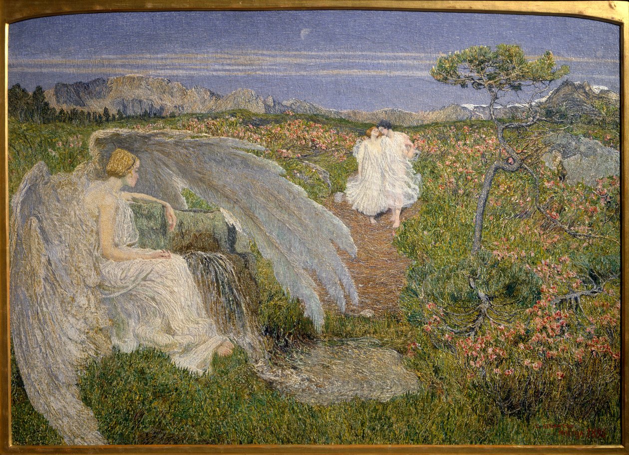 Zdroj lásky: Anděl, který sleduje pár procházející se ve snové krajině od Giovanni Segantini