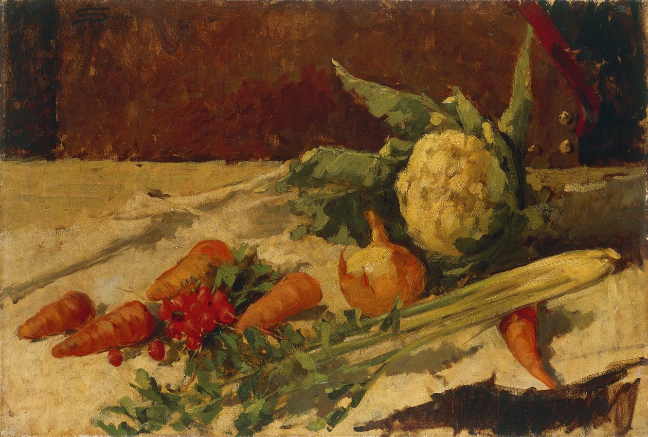 Zátiší s mrkví, Giovanni Segantini (1858-1899), olej na plátně, 51x75 cm od Giovanni Segantini