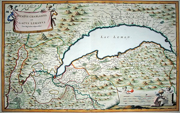 Ženevské jezero, z dvousvazkové městské knihy Savojska a Piemontu, vyryté Joannesem de Broen (1649-c.1730) od Giovanni Tommaso (after) Borgionio