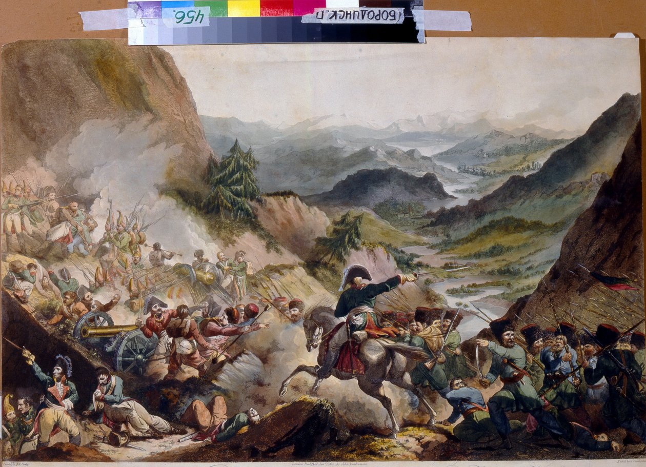 Princ Pierre de Bagration (1765-1812) vedl kozáky k útoku na Alpy. (Princ Piotr Ivanovič Bagration vede kozáky k útoku v Alpách). Ruský hrdina je popsán během druhého italského tažení (1799-1800), během od Giovanni Vendramini