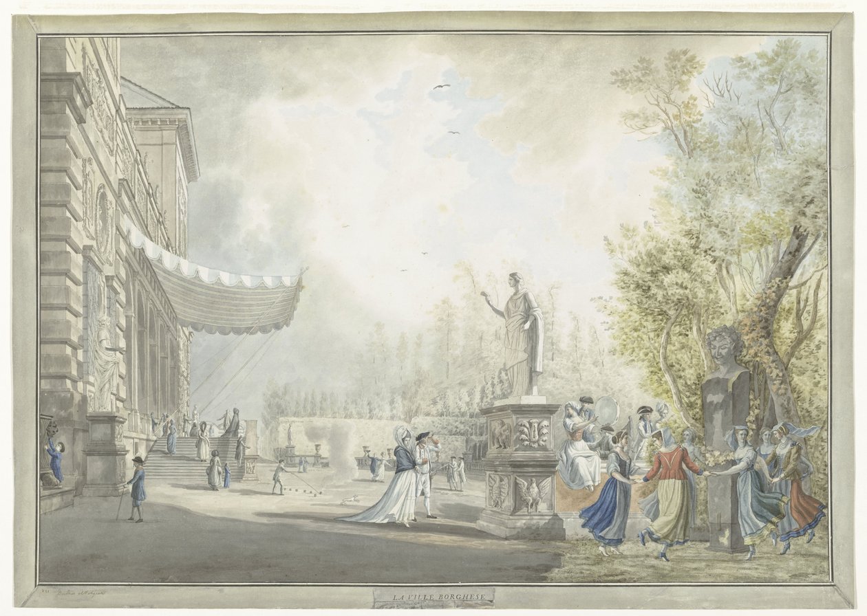 Pohled na Villa Borghese Pinciana a zahrady Villa Borghese v Římě La ville Borghese (název na objektu) Pohledy na Řím a okolí (název série) od Giovanni Volpato