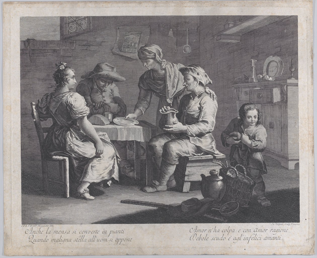 Tři lidé sedící kolem stolu vlevo, zatímco muž přináší prázdný talíř..., 1760-70. od Giovanni Volpato