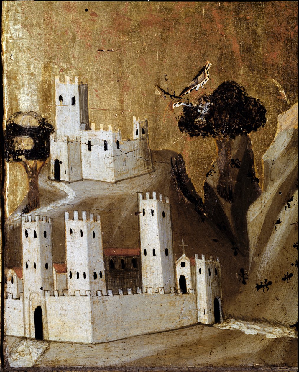 Rinucciniho oltářní obraz: Panna a dítě se svatými - Detail predely zobrazující město - tempera na panelu od Giovanni da Milano