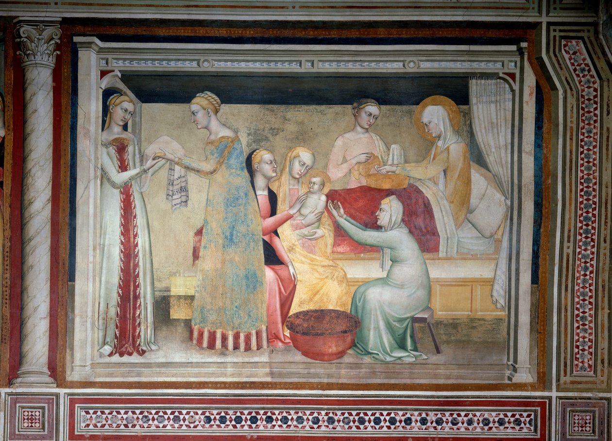 Život Panny Marie: narození Marie (Freska od Giovanni da Milano