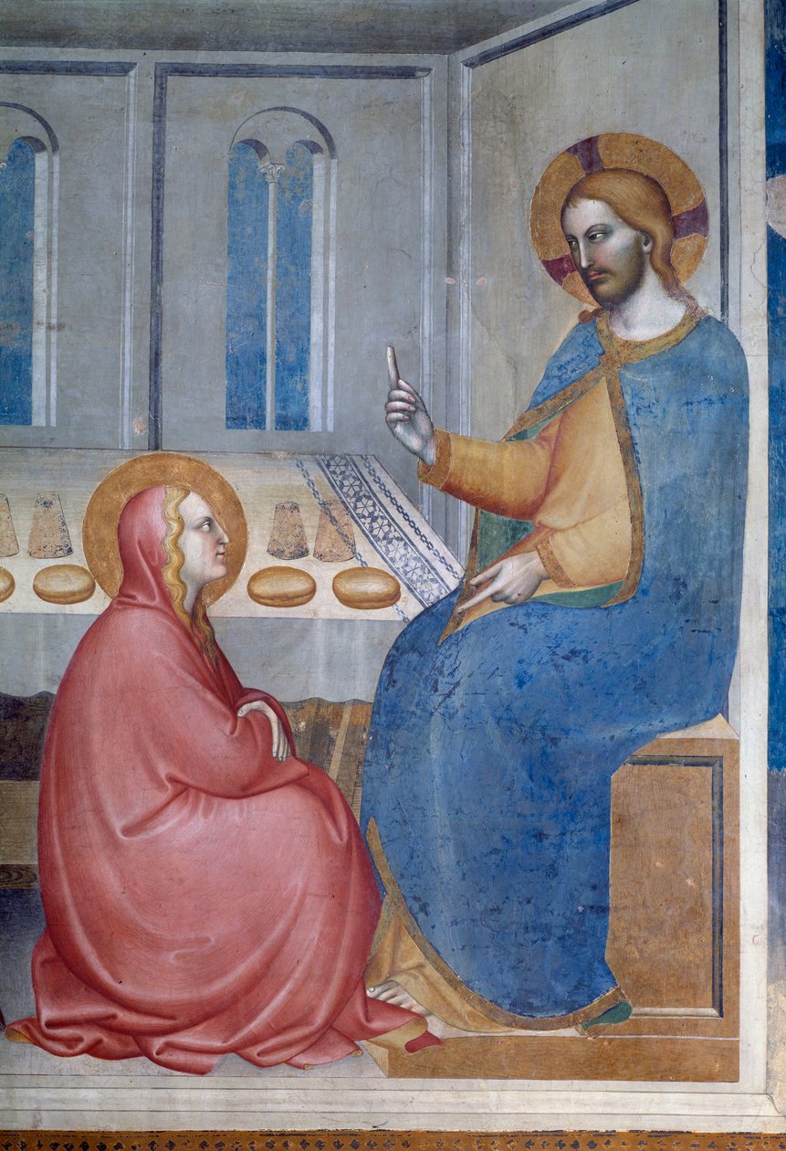 Život panny: Kristus v domě Marty a Marie (detail) - Freska od Giovanni da Milano