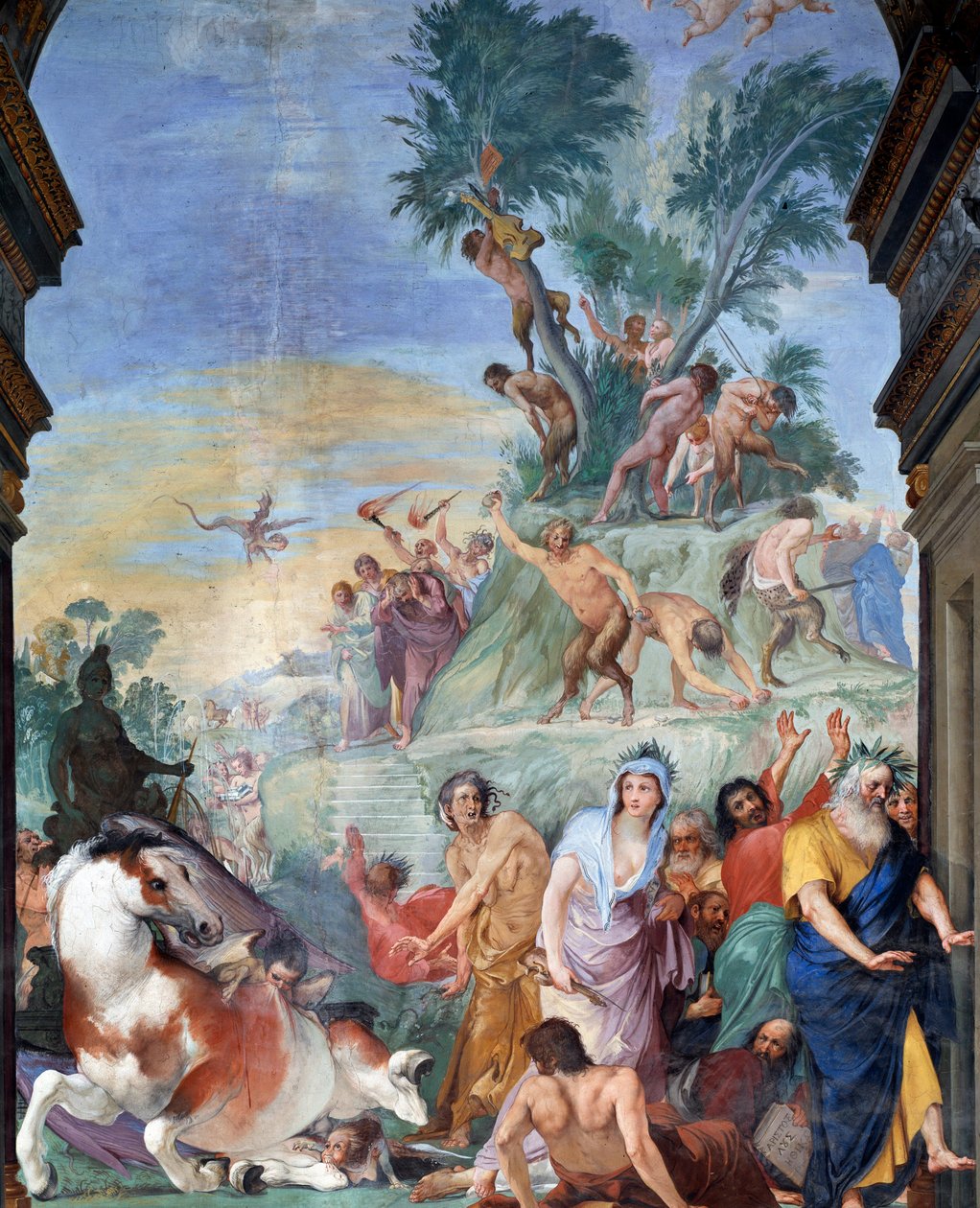 Múzy a básníci loví Parnas (múzy a básníci vyhnaní z Parnasu) Detail fresky od Giovanni da San Giovanni (1592-1636) 1634-1642 Museo degli argenti, Palazzo Pitti, Florencie od Giovanni da San Giovanni