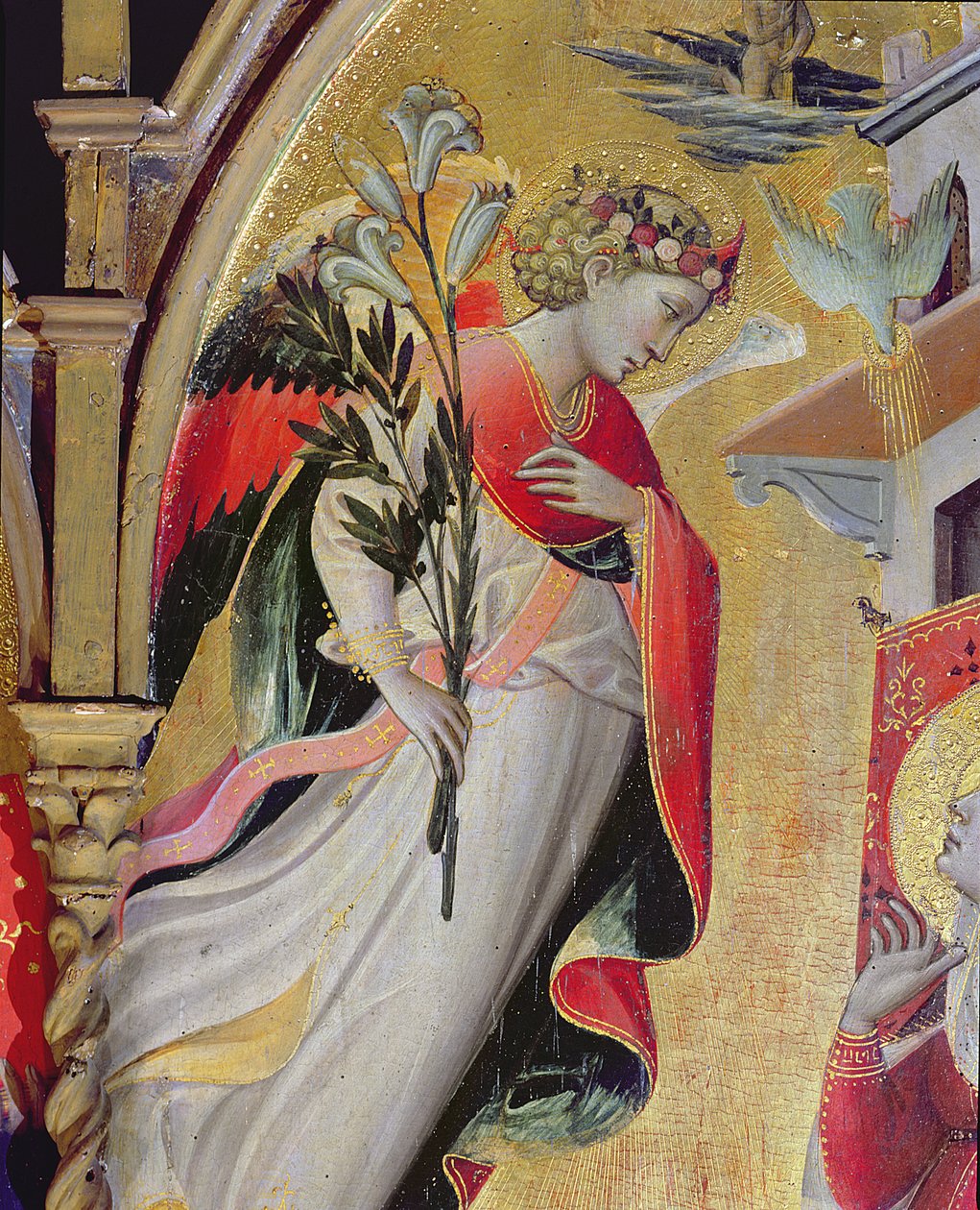 Archanděl Gabriel, detail ze Zvěstování s SS Lawrencem, Benediktem, Janem Křtitelem a Mikulášem, 1434 (tempera a plátek zlata na panelu) od Giovanni dal Ponte