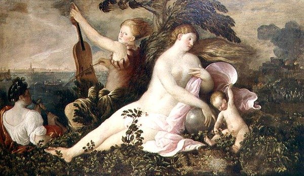 Alegorie benátského vítězství, ústřední postava štěstí nebo náhody doprovázená postavami symbolizujícími přírodu a hudbu, kolem roku 1518 od Giovanni de Busi Cariani