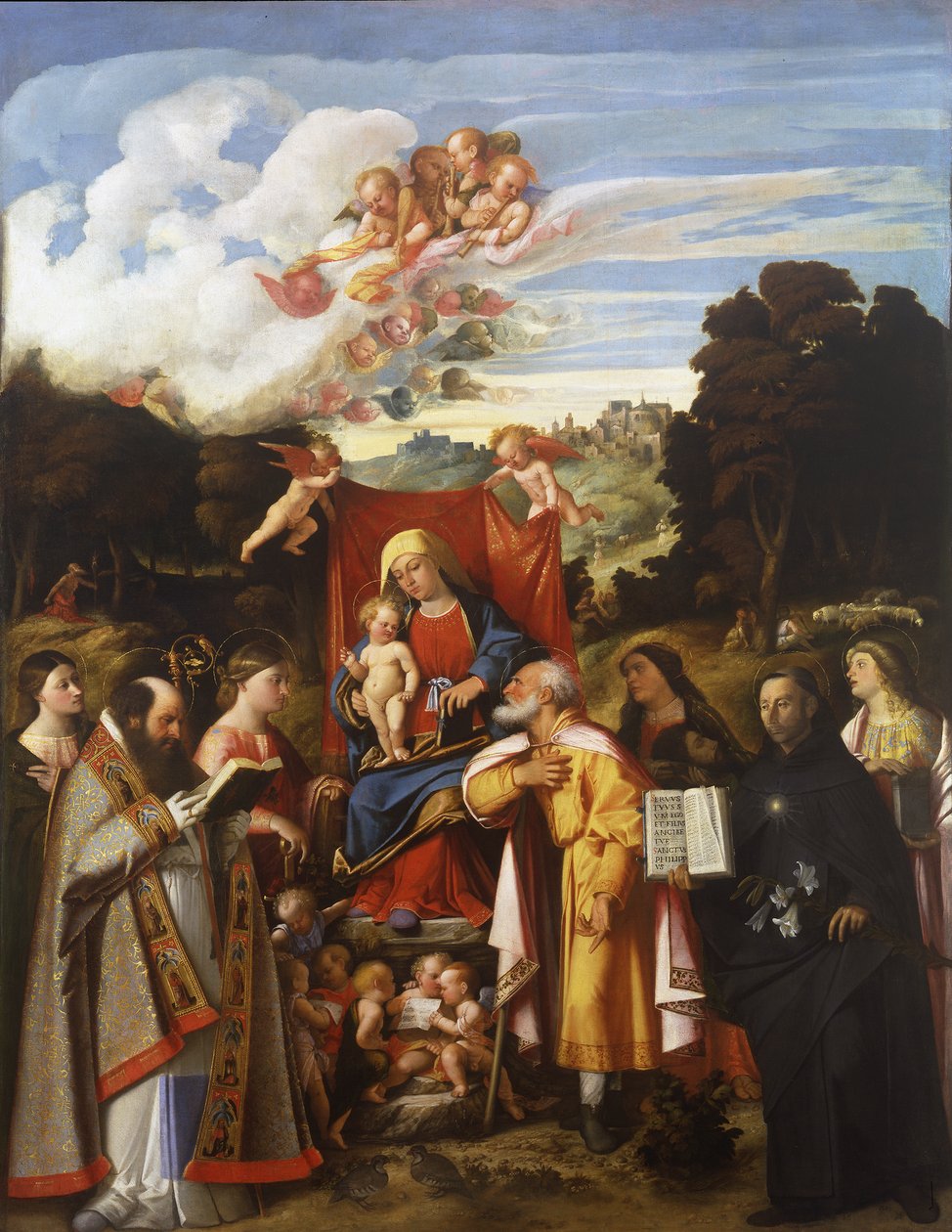 Madona trůnící s anděly, sv. Apollonie, sv. Augustin, sv. Kateřina, sv. Josef, sv. Grata, sv. Filip Benizzi a sv. Barbora (oltář sv. Gottharda) od Giovanni de Busi Cariani