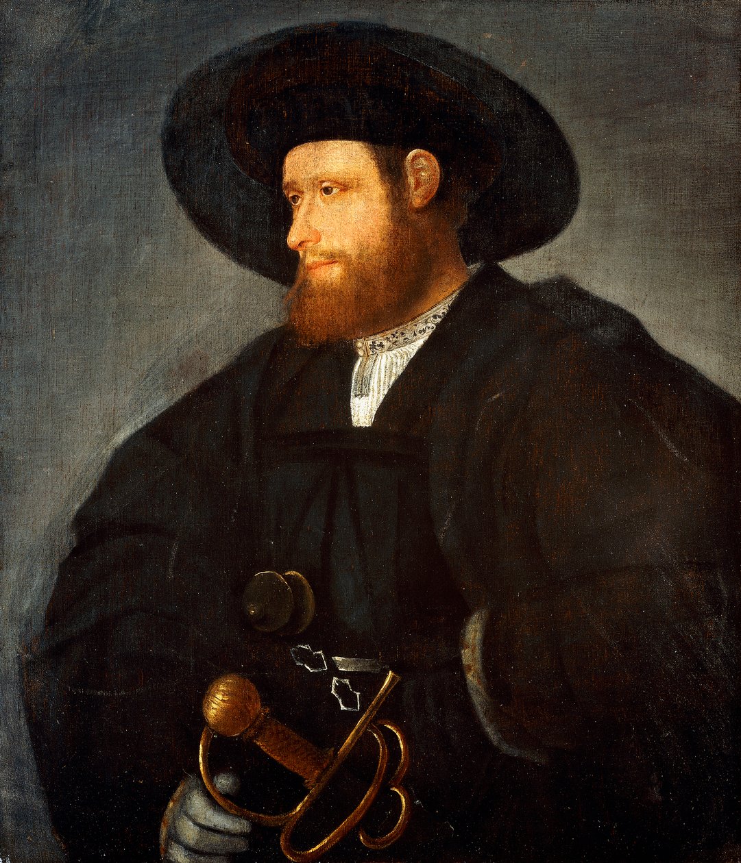 Portrét polodlouhého gentlemana v černém kostýmu a černém klobouku, od Giovanni de Busi Cariani