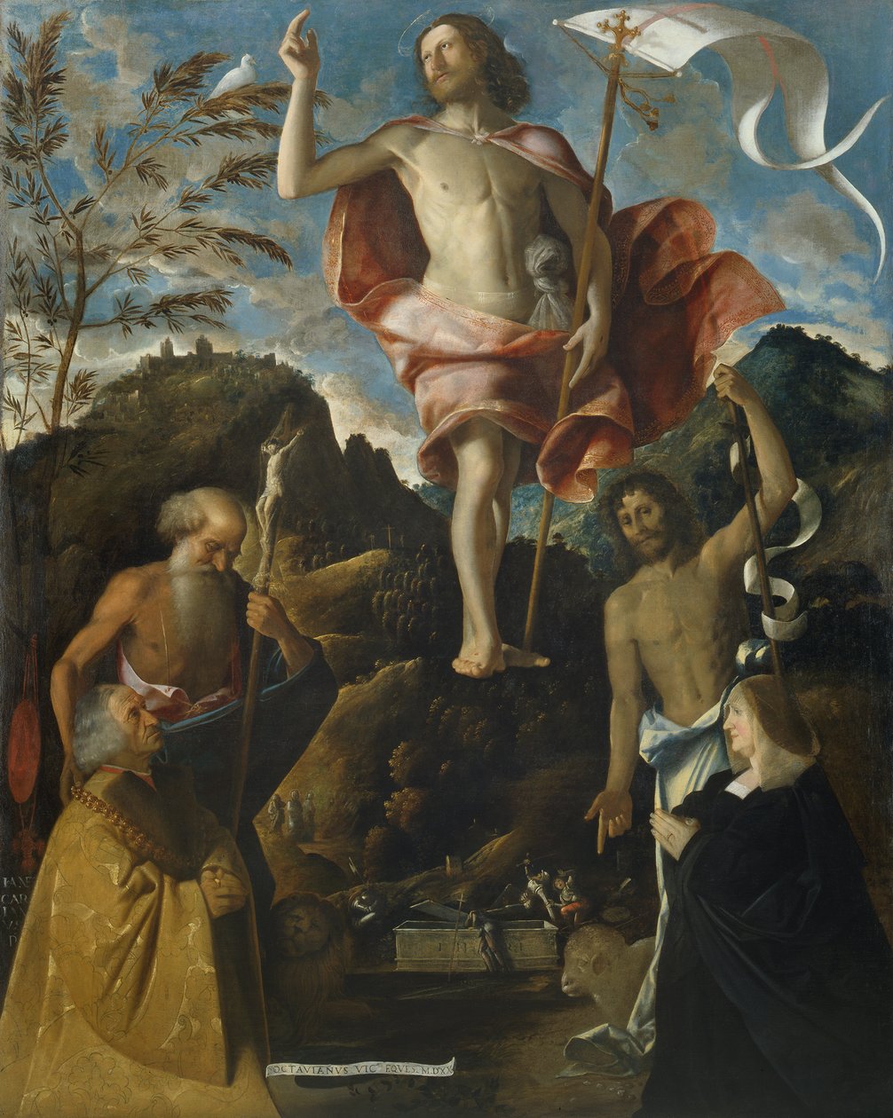 Vzkříšení Krista, sv. Jeronýma, sv. Jana Křtitele a donátorů Ottaviano a Domitilla Vimercati při modlitbě od Giovanni de Busi Cariani