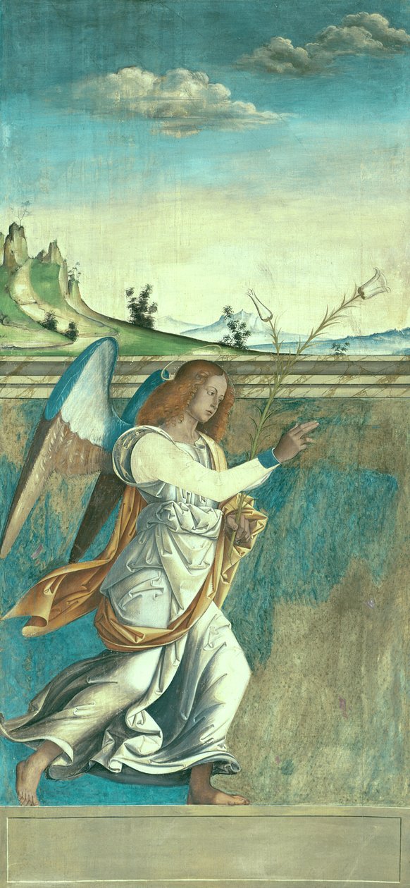 Angel Gabriel, zvěstovací panel původně tvořící jednu z vnějších okenic varhan v San Bartolomeo, Vicenza (tempera na plátně) (viz 183650) od Giovanni de