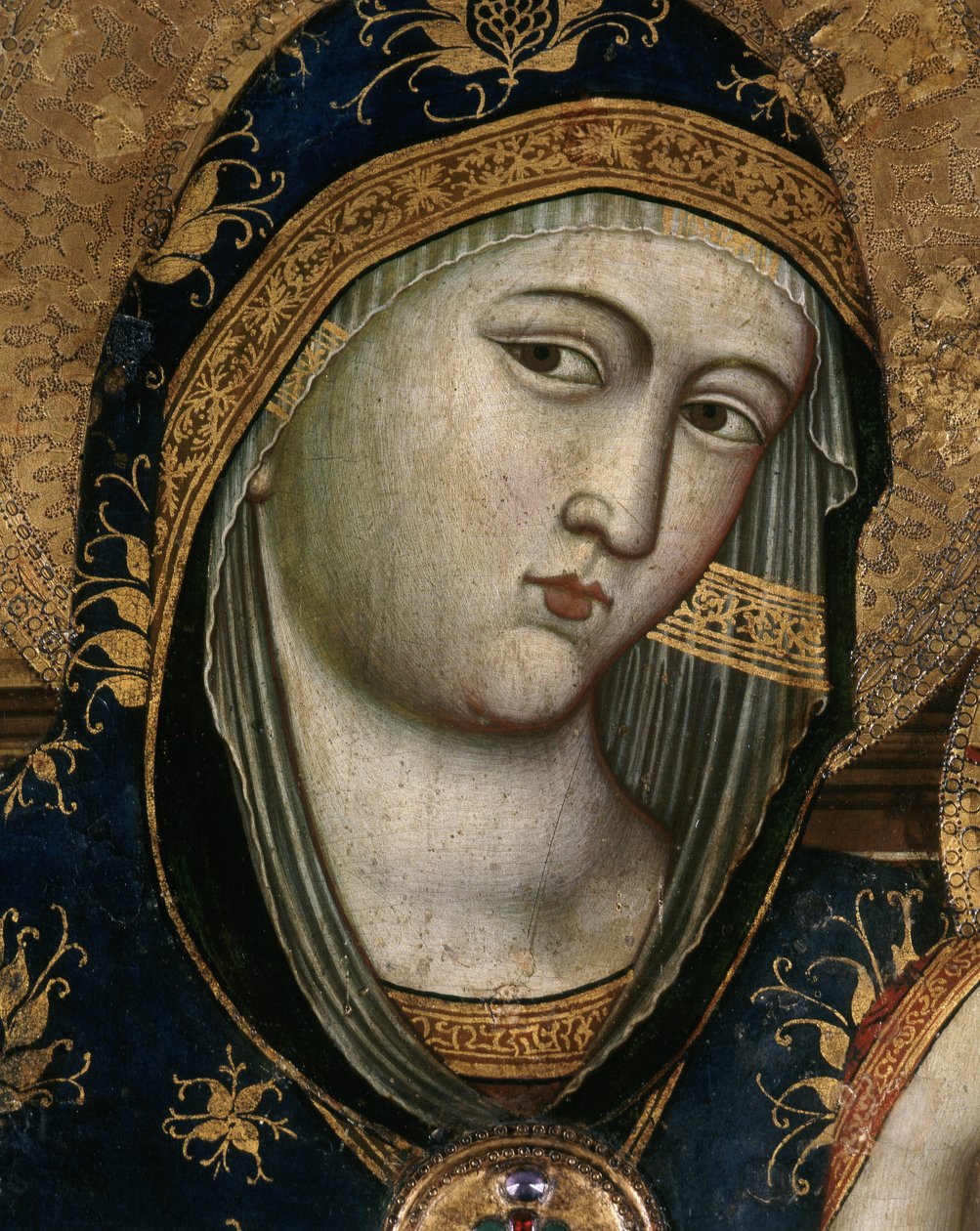 Panna a dítě, detail. Obličej Panny Marie potažený průhlednou látkou a kapucí z červené látky. Detail portrétu Panny Marie s dítětem. Obraz Giovanni Del Biondo (asi 1356-1398). Polyptych. Italský oltářní obraz. Rozměr: 140x od Giovanni del Biondo dal Casentino