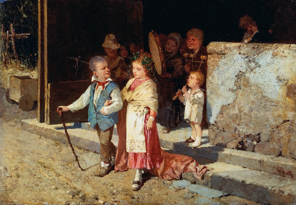 Mladý manželský pár, Giovanni Del Re (1829-1919), olej na panelu, 23x33 cm od Giovanni del Re