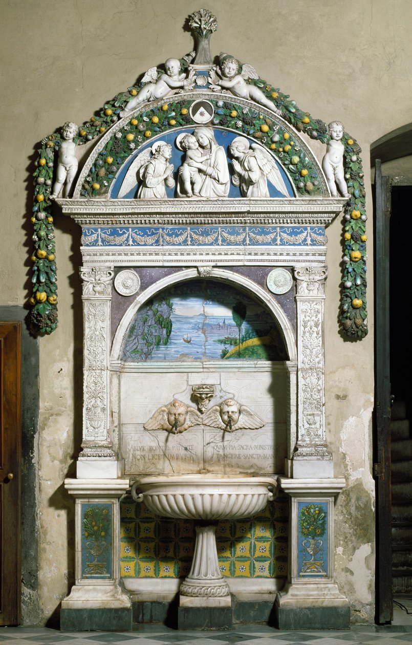 Fontána Decoree s vysokým reliéfem z mramoru a terakoty od Giovanni della Robbia (1469-1529) 1498. Sakristie Santa Maria Novella, Florencie od Giovanni della Robbia