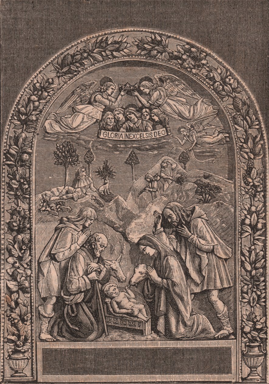 Narození Páně od Giovanniho della Robbia (1469-1529 nebo 1530), Pinacoteca di Citta di Castello, Umbria, Itálie, dřevoryt z Le cento citta d