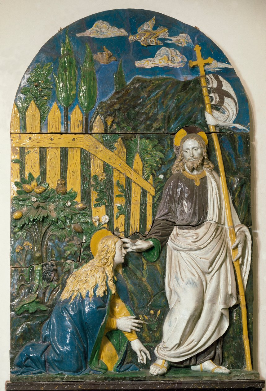 Noli me tangere Ježíš Kristus drží bílou vlajku (standard) udeřenou červeným křížem a jeho aureola je označena křížem. Keramické reliéfní punčochy od Giovanni della Robbia (1469-1529) Florencie, Museo Nazionale del Bargello od Giovanni della Robbia