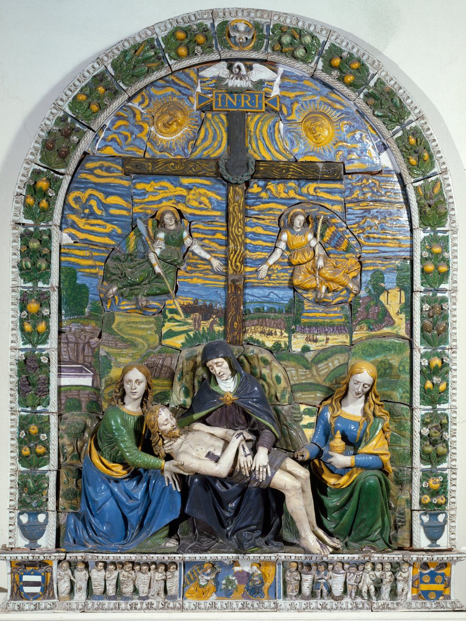 Uložení (Pieta) Ježíše Krista a Panny Marie obklopené svatým Janem a svatou Marií Magdalenou před křížem s nápisem INRI (I.N.R.I.). Keramika s nízkým reliéfem od Giovanni della Robbia (1469-1529) Dim. 3x2,28 m Florencie, Museo Nazionale od Giovanni della Robbia