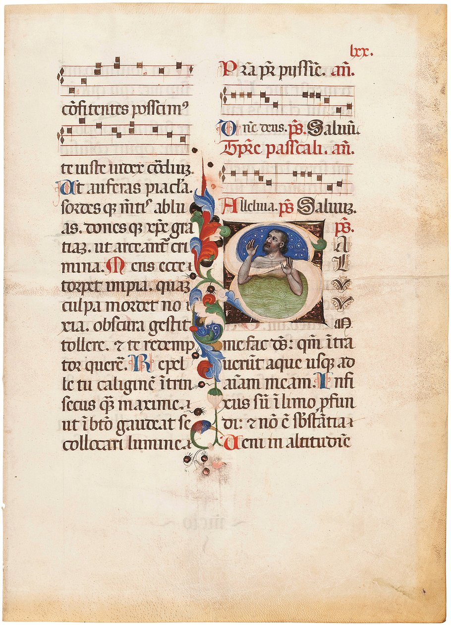 Žalmista v moři, iniciála "S" na listu z iluminovaného notovaného breviáře, Bologna nebo Ferrara, asi 1440 (tuš a barva na pergamenu) od Giovanni di Antonio da Bologna