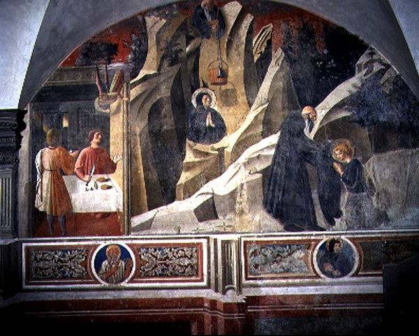 Svatý Benedikt přijímá chléb a plášť od poustevníka Romana, detail z cyklu fresek Život sv. Benedikta z Chiostro degli Aranci (Klášter pomerančů) kolem 30. let 14. století (freska) od Giovanni di Consalvo (attr. to)